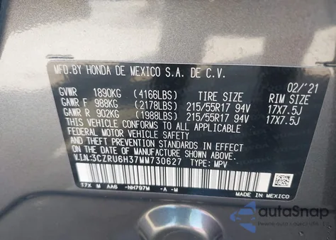 2021 Honda Hr-V Awd Lx from USA, damaged, VIN 3CZRU6H37MM730627
